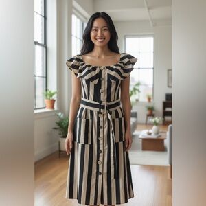 Moon River Black Tan Stripe Linen Cotton off‎ the shoulder Dress Pockets SZ M